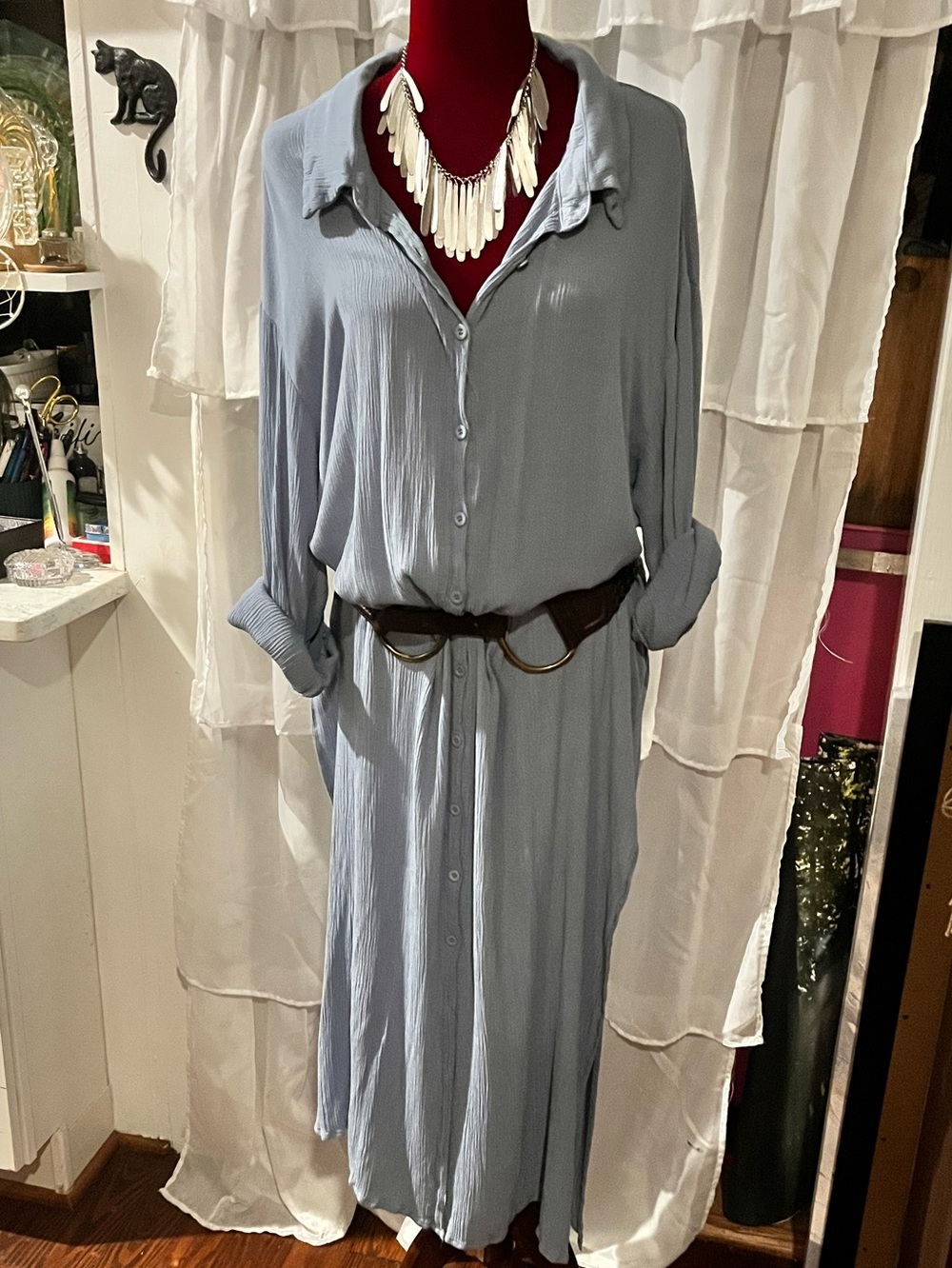 Women’s Bluish-Grey Long Sleeve Button Down Maxi Dress (XL)